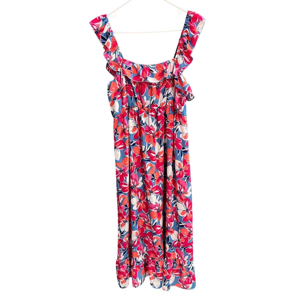 Ophelia Roe Floral Dress Square Neck Ruffle Straps Hem Midi XL